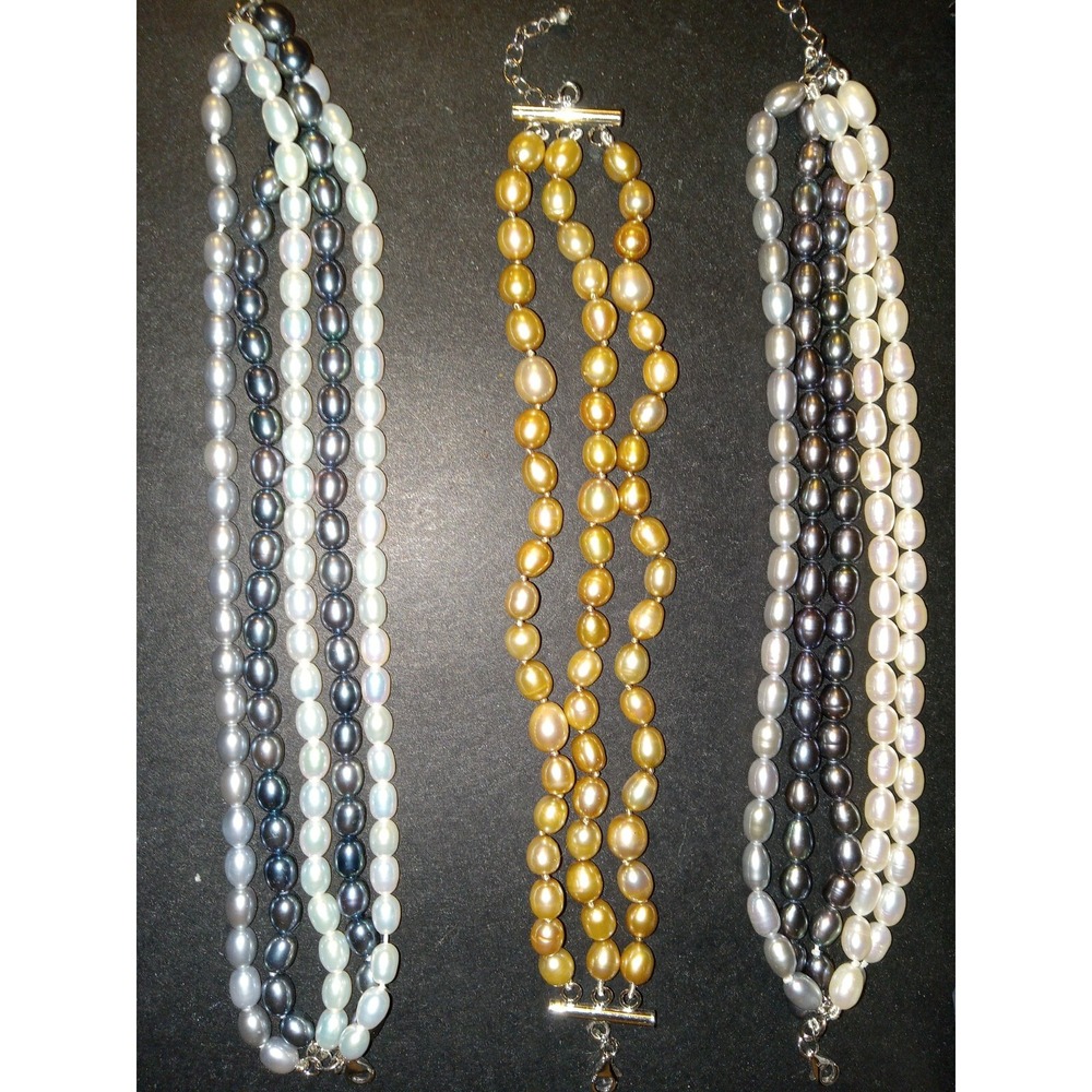 Womens Fashion Pearl Bracelets Set of 3 Multicolor White Gold Blue Strands
